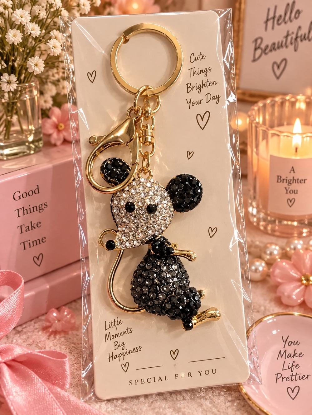 Gold-tone Black & Silver Crystal Mouse Keychain